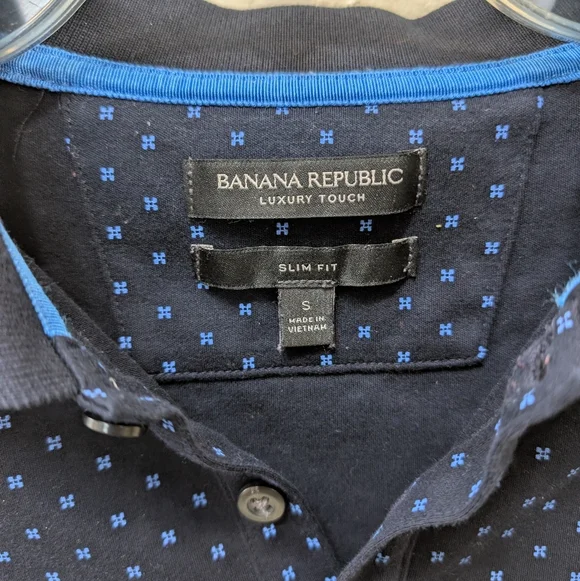 Banana Republic Luxury Touch Size Small Slim Fit  Navy Polo W/ Blue Pattern - Picture 2 of 3